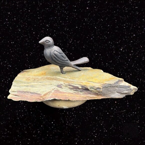 Primitive Style Sculpture Cast Iron Bird On Stone Base Carved Marble Bottom VTG - Picture 1 of 11